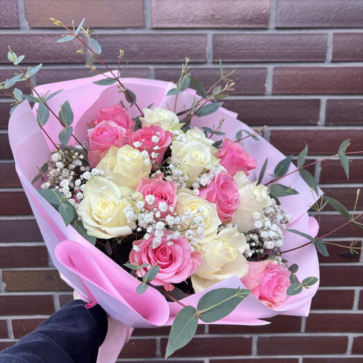 White-pink bouquet with roses