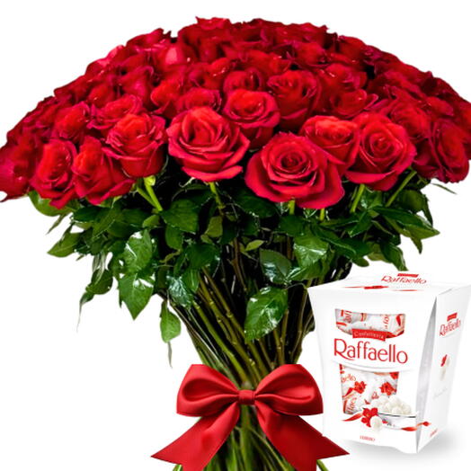 Red roses bouquet (70-80 cm), 100 pcs. + Raffaello chocolates