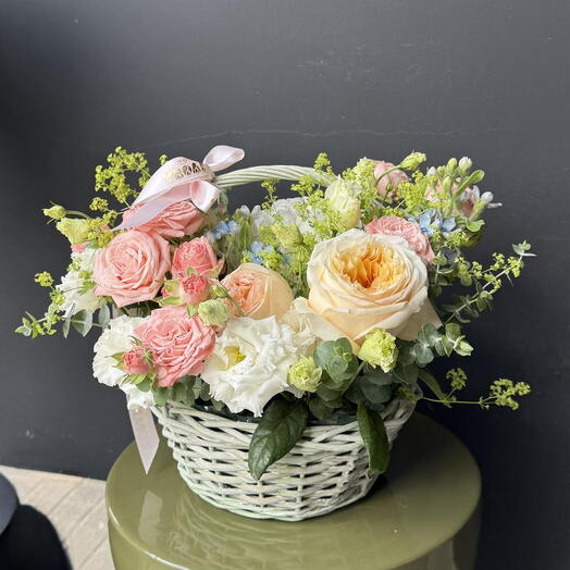 composition with peony roses and oxypetalum
