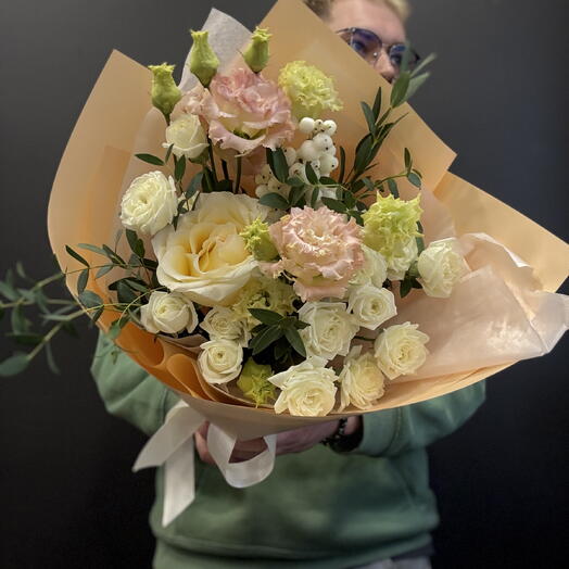 Bouquet with white spray roses, lisianthus, Ecuadorian rose and eucalyptus