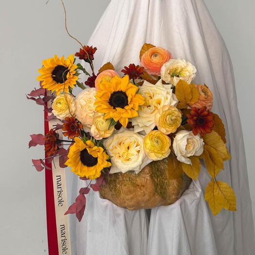 Autumn Bounty Arrangement in a Pumpkin – Sunflowers, Garden Roses, Chrysanthemums and Ranunculus