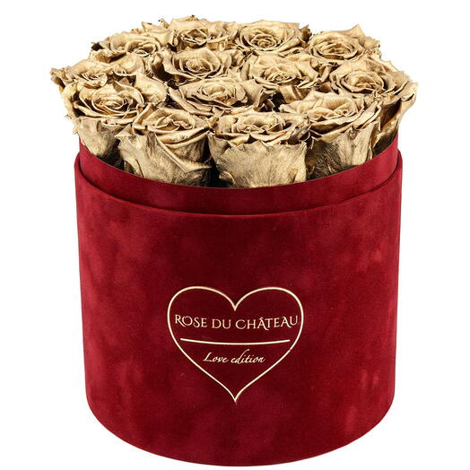 Golden Eternal Roses in a Red Flowerbox for a Gift Rose du Chateau
