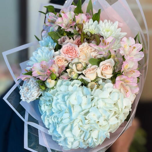 Soft Grace-Pastel Flower Bouquet with Blue Hydrangea, Pink Roses   White Chrysanthemums