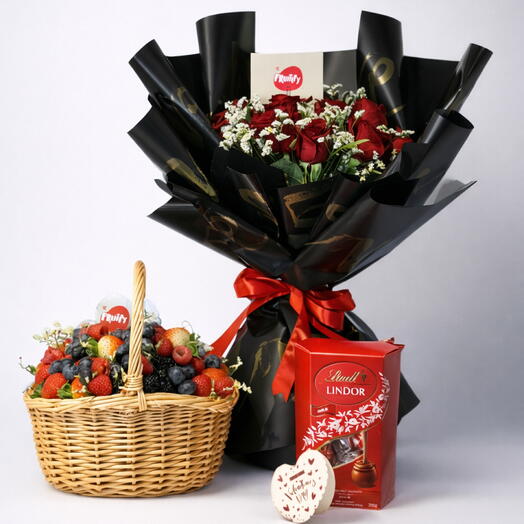 Red Roses Bouquet, Mixed Berries Basket and Lindt Chocolate