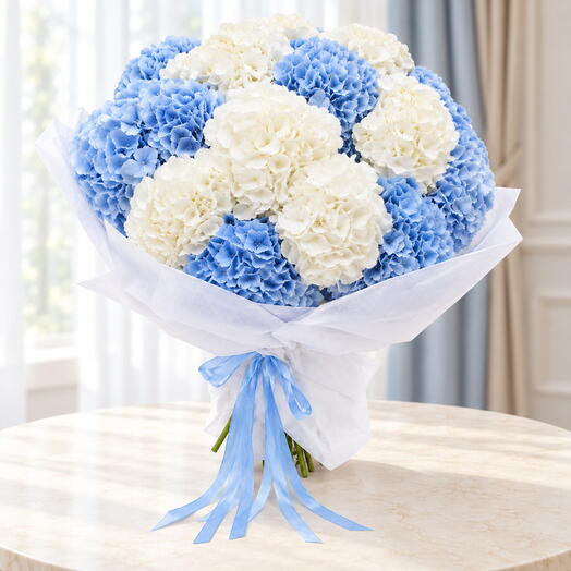Luxury Bouquet of 15 Blue and White Hydrangeas