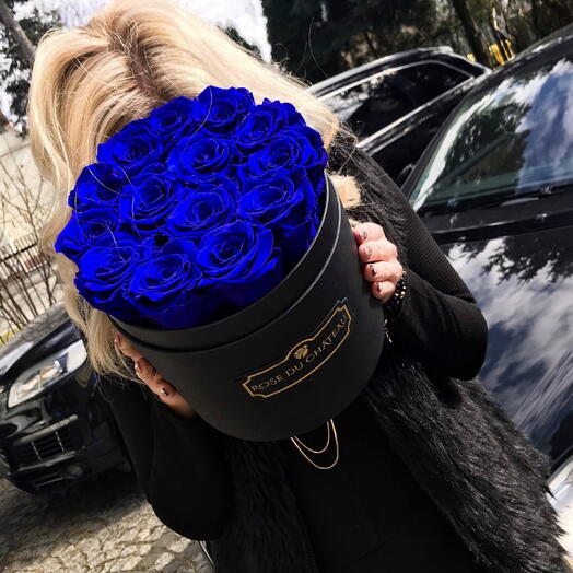 Blue Eternal Roses in a Black Round Box