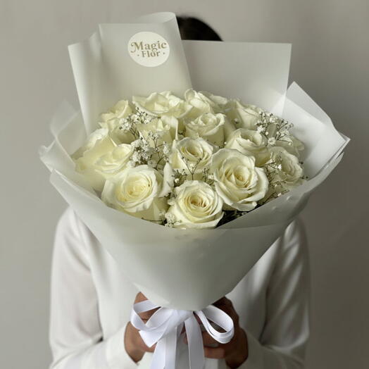 15 White Roses Bouquet | Gypsophila Wedding   Anniversary Flowers | Elegant White Wrapping
