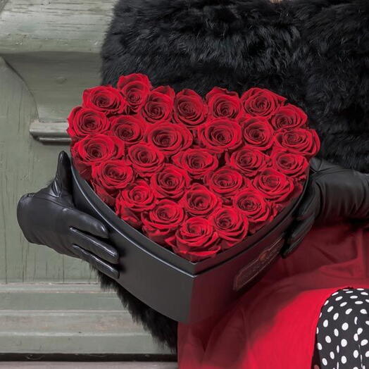 Red Eternal Roses in a Large Heart Rose du Chateau Box