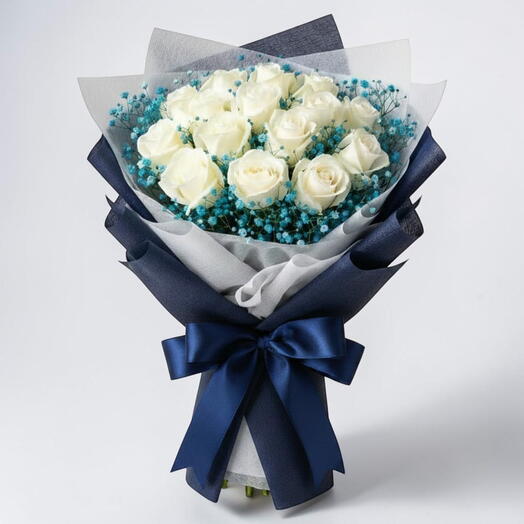15 White Rose and Blue Gypso Bouquet