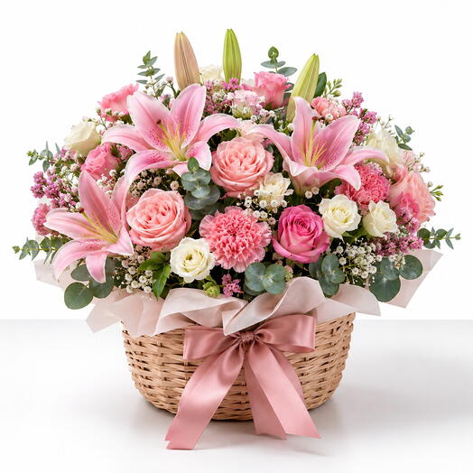 Elegant Mixed Flower Basket – White Roses, Pink Roses, Carnations   Lilies