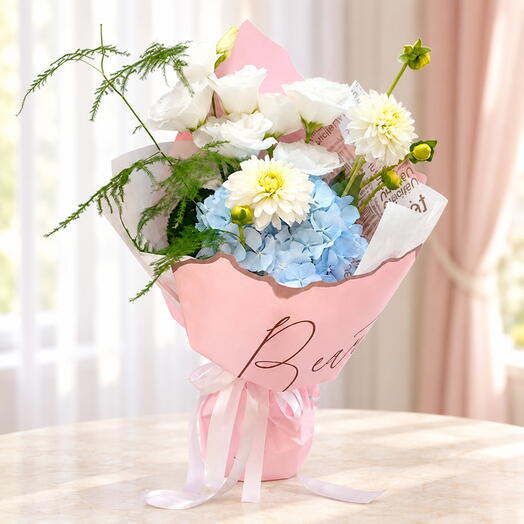 Delicate Blue Hydrangea and White Dahlia Bouquet