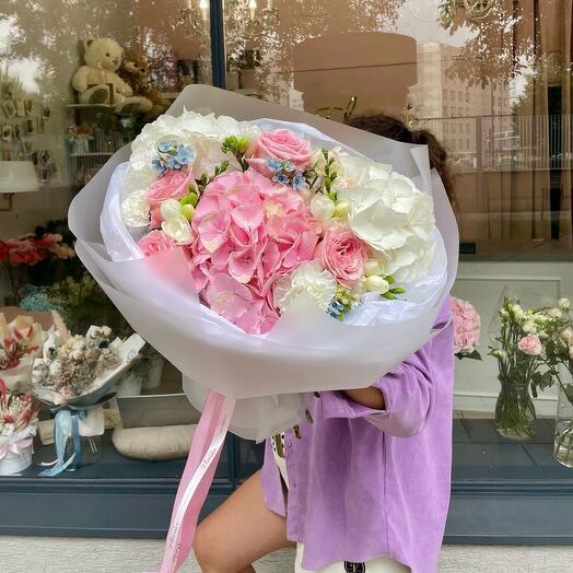 Serene Symphony with hydrangea, roses, freesia and oxypetalum