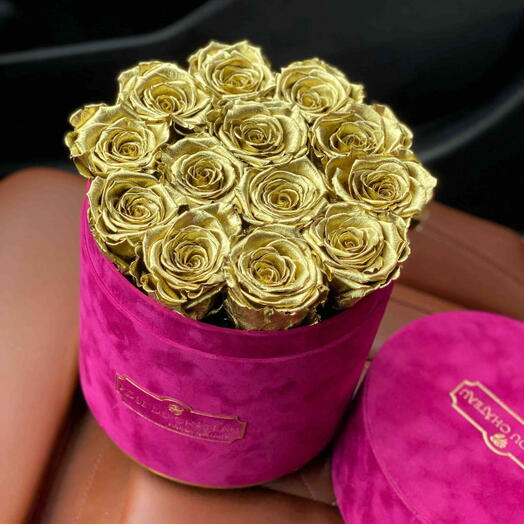 Golden Eternal Roses in a Fuchsia Flocked Flower Box