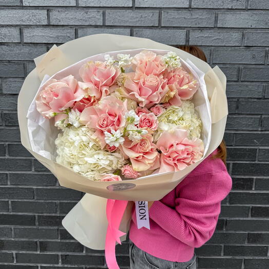 Tenderness Feelings M Size (French Pink roses, spray pink roses, hydrangeas , stocks)