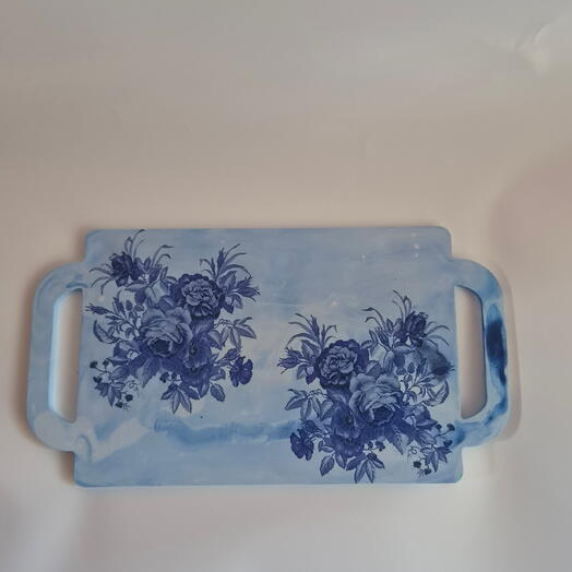 Decorative Plaster Tray with Handles "Blue Marble and Cobalt Roses"