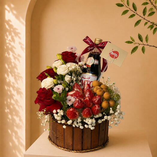 Eid Blessings Gift Basket with Vimto, Fresh Fruits Rose s