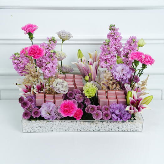 Pink Matthiola, Carnation And Chocolate Luxury Tray