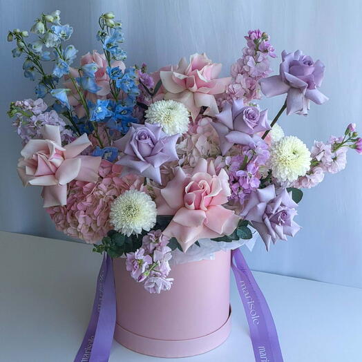 Soft Symphony Box – Hydrangea, French Roses, Delphinium, Chrysanthemums, Stock