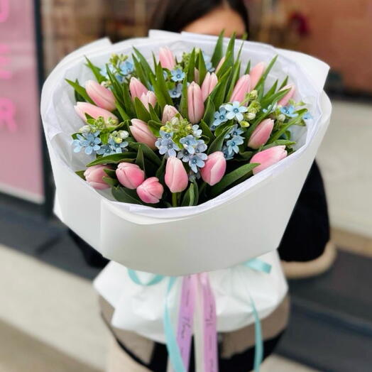 Rożowe tulipany 21szt z oxypetalum