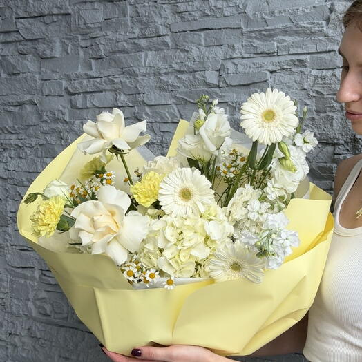 Sunny Poem - White French Roses, Gerberas, Camomile, Eustoma, Carnations, Stock, Hydrangea