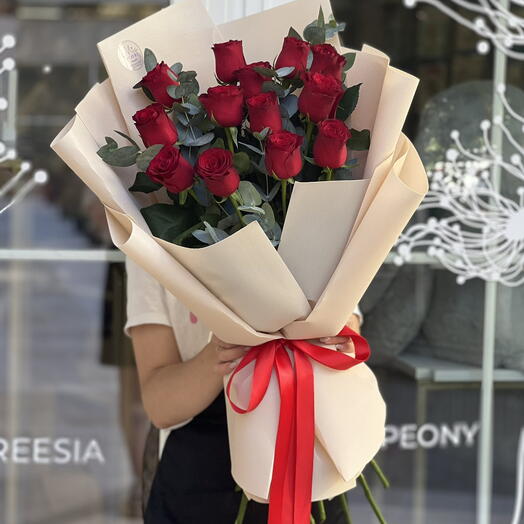Bouquet of red roses and eucalyptus - "Elegance"