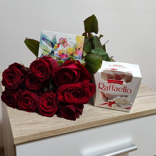 9 roses (60cm) + Rafaello (150gr)