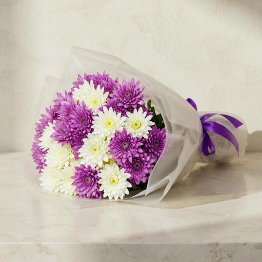 Lavender Snow-20 Stems White   Lavender Chrysanthemum Flower Bouquet with White Paper Wrapping and Purple Satin Ribbon