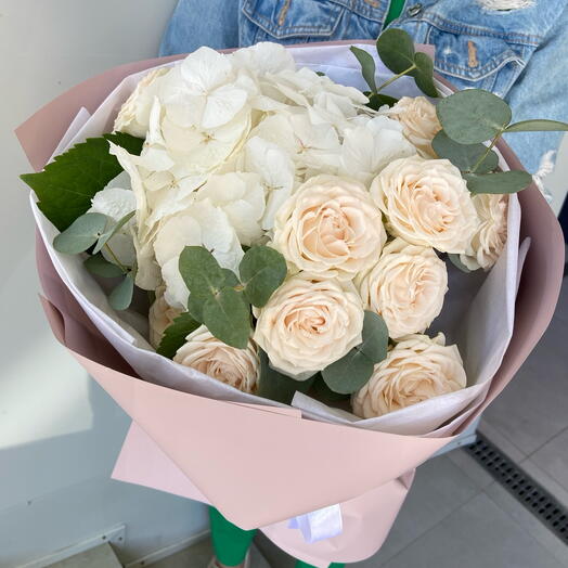 Author's bouquet of hydrangeas and Sophie's bush rose