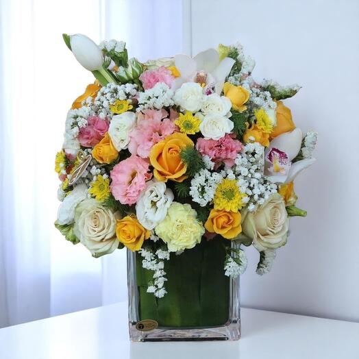 Vibrant Mixed Flower Arrangement in Glass Vase – White Tulips, Roses, Orchids   Carnations (40cm)