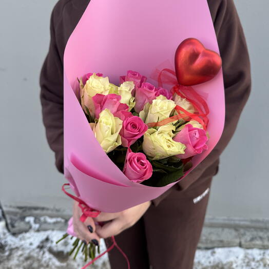 A bouquet of 15 multicolored roses