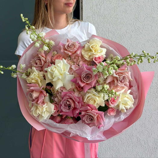 Pinky Promise Bouquet - French Roses, Hydrangea, Delphinium, Spray Roses