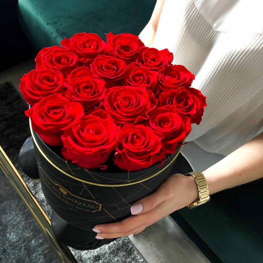 Red Everlasting Roses in a Black Industrial Box
