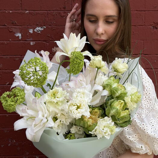 Zesty Bouquet (Peony Lilly, Viburnum, Veggie roses, Bear Grass, White Lisianthus)