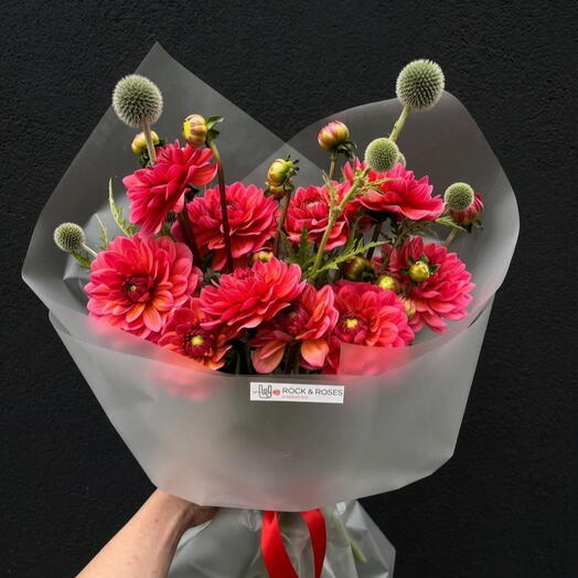🌺 Bold Contrast: Vibrant Coral Dahlias   Green Echinops