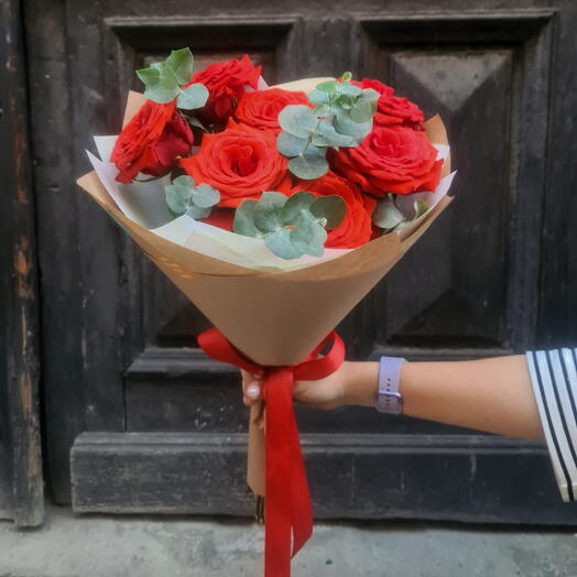 7 Red roses with eucalyptus