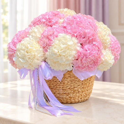 Luxury Basket with 15 Pink and White Hydrangeas
