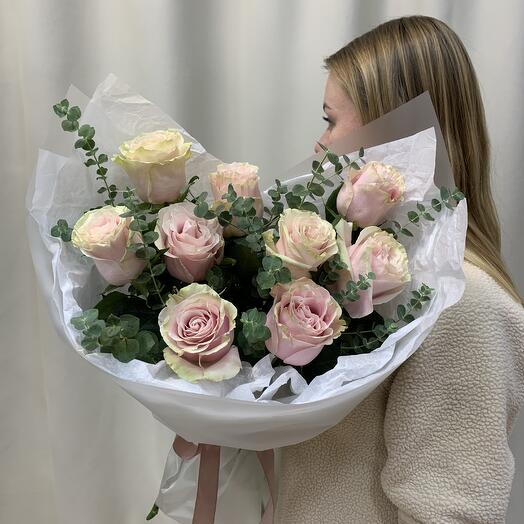 Pink roses with eucalyptus