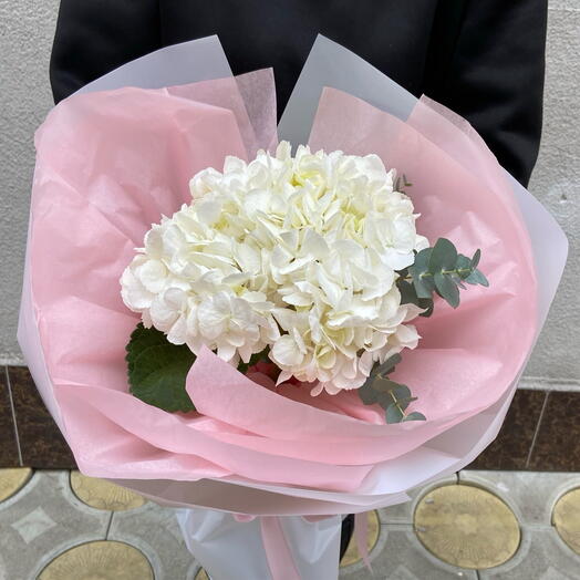 Bouquet of white hydrangea with eucalyptus "Whisper"