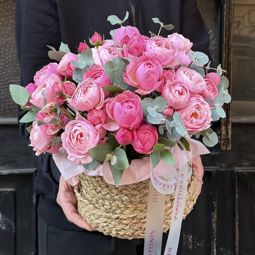 Peony spray roses in a basket