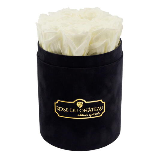 White Eternal Roses in a Small Black Flocked Box