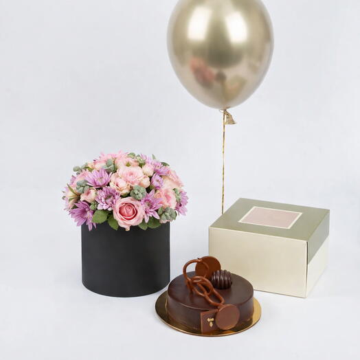 Birthday Flowers Box With Chocolate Cake
