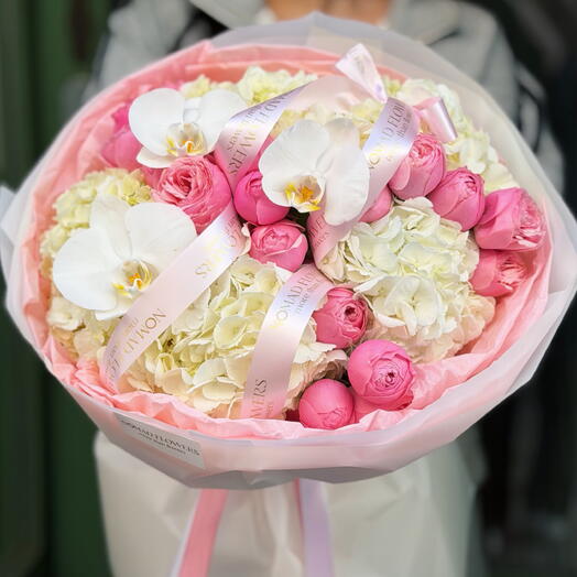 🌸 White Hydrangea + Peony Roses