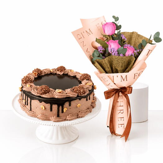 Ferrero Rocher Cake   Pink Rose Bouquet Combo