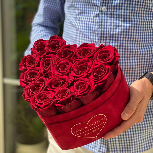 Red Eternal Roses in a Red Flocked Heart Box - LOVE EDITION