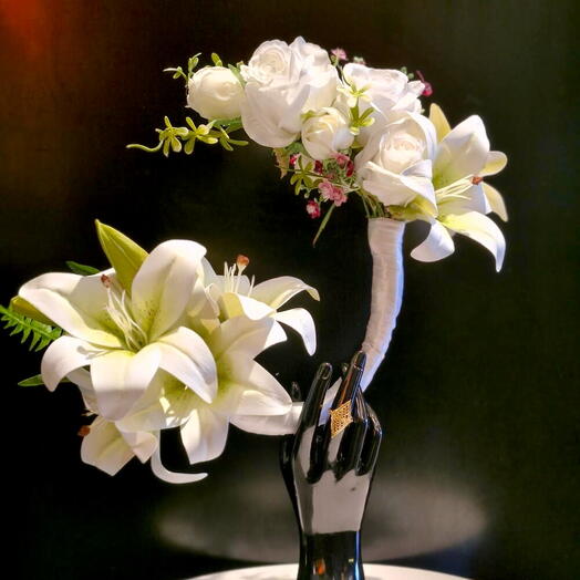 Bridal handle bouquet, White Lilly proud white roses