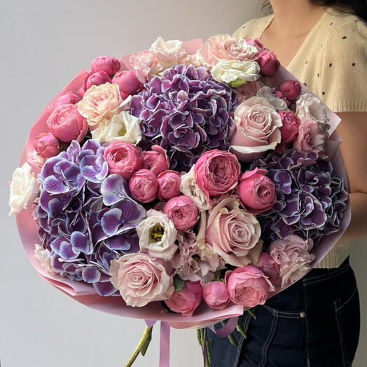Hydrangea purple, Silva pink, Eustoma large