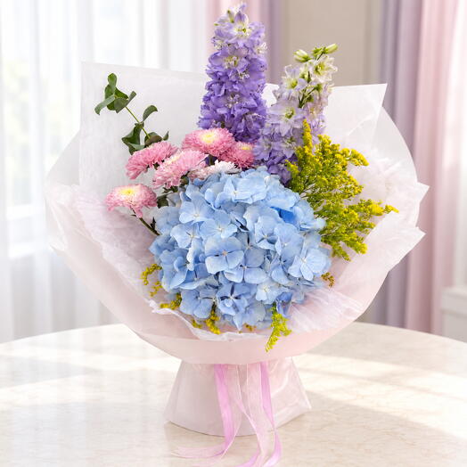 Delicate Blue Hydrangea and Lavender Matthiola Bouquet