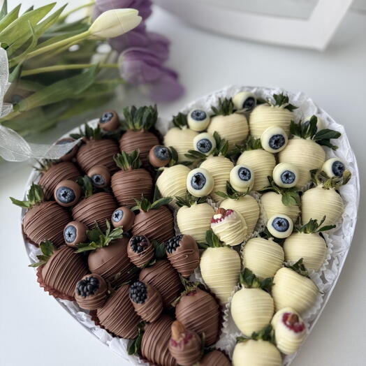 Pure Elegance: White Heart with Chocolate-Covered Strawberries