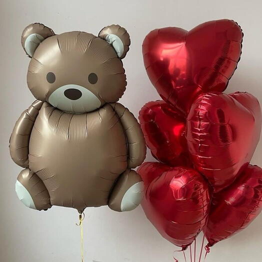 Bear and 5 Heart Balloons