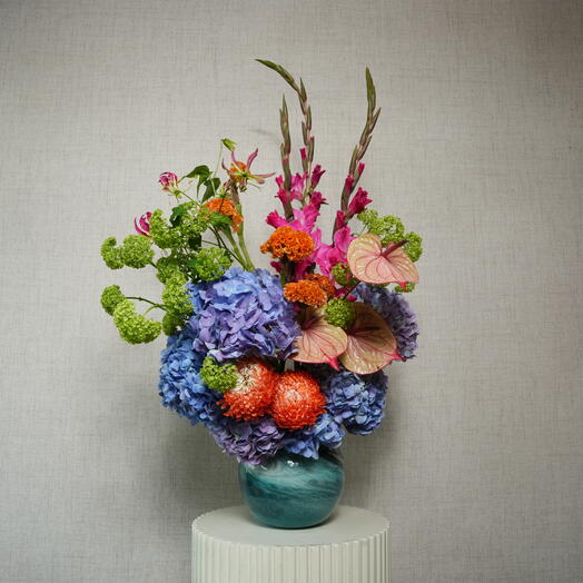 Tropical Garden in Aqua Glass Vase 7165
